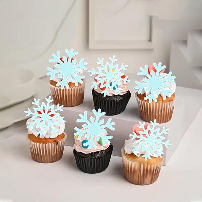 60 PCS Edible Snowflake Cupcake Toppers Wafer Paper Snowflake Cake Decorations Edible Snowflake Cupcake Picks Topper for Christmas Winter Frozen Theme Baby Shower Birthday Party Supplies Blue