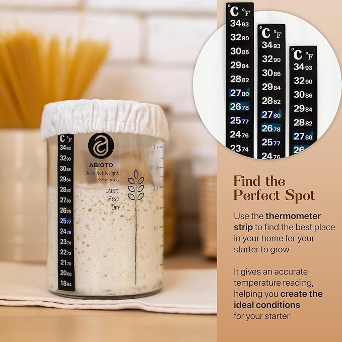 Sourdough Jar Kit, Includes 34 oz Sourdough Starter Jar with Metallic Lid, Silicone Spatula, Feeding Tracker, Extra Thermometer Strips & Breathable Covers ??Sourdough Bread Starter Kit