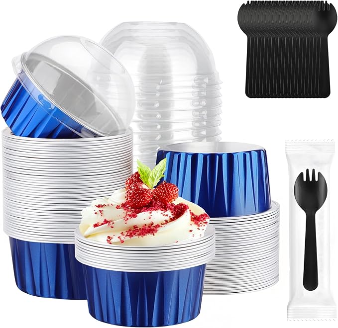 EUSOAR Disposable Ramekins with Lids, 60pcs 5oz Mini Cheesecake Pans and 60pcs Individually Wrapped Sporks, Aluminum Foil Ramekins Baking Cups with Lids for Party Bulk Wedding Birthday Picnic