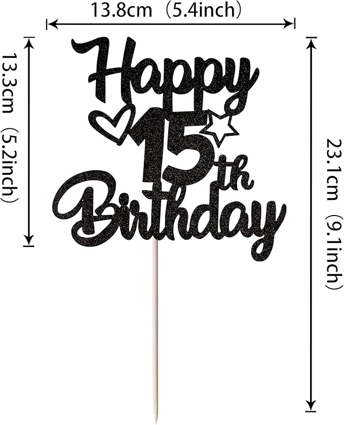 1 Pack Happy 15th Birthday Cake Topper Glitter Heart Star 15 Fabulous Cake Pick Birthday Sign Cake Decorations for Children 15th Birthday Theme Party Supplies Black
