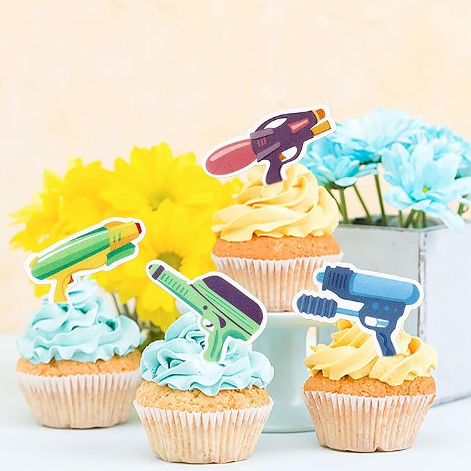 40Pcs Edible Water gun Cupcake Toppers Summer Beach Hawaii Party Decorations for Sweet Summer Theme Baby Shower Supplie