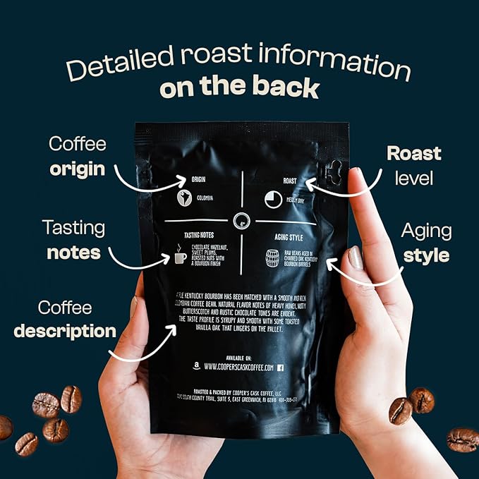 Bourbon & Whiskey Barrel Aged Coffee Box Set - 4-Bag Roasted Coffee Sampler- Bourbon Colombian, Malt Whiskey Sumatra, Rye Whiskey Ethiopian, Rum Barrel Rwanda, (Whole Bean, 4 Ounce (Pack of 4))