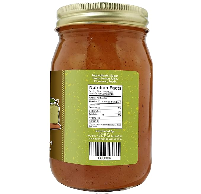 Green Jay Gourmet Cinnamon Pear Jam - All-Natural Fruit Jam with Pears & Cinnamon - Vegan, Gluten-free Jam - Contains No Preservatives or Corn Syrup - Made in USA - 20 Ounces