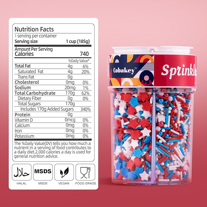 Patriotic Sprinkles 4 Cell Edible Red White and Blue Sprinkle Mix Jimmies Nonpareils Perfect for Cake Decorations Baking Ice Cream Cookies Cupcake Topper 6.5OZ