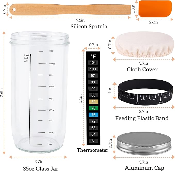 Sourdough Starter Jar, 2 Pack 35 oz Sourdough Starter Kit with Thermometer, Feeding Date Band, Scraper, Cloth Cover, and Metal Lid. Sourdough Baking (Orange)