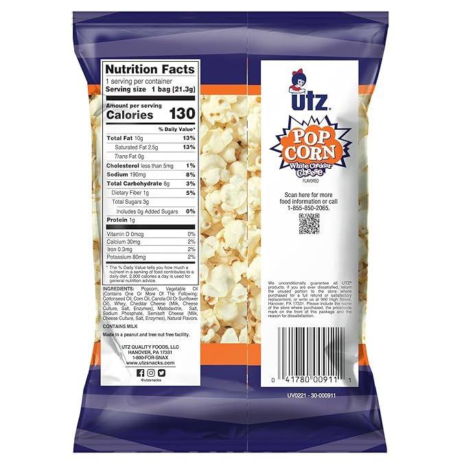 Utz Popcorn, White Cheddar ??.75 oz. Bags (60 Count) ??Baked with Real Cheese, Tasty Individual Snacks to Go, Cholesterol Free, Trans-Fat Free, Gluten Free Snacks