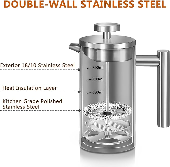 French Press Coffee Maker 34oz, Stainless Steel Double Wall Insulated, 3 Extra Filters & Coffee Spoon for Hot/Cold Brew, Durable Coffee Press for Home, Camping, Office - Silver