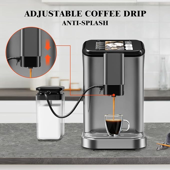 Fully Automatic Espresso Machine with Smart TFT Touchscreen, Brewing System and Automatic Milk Frothing System, 6 One-Touch Programs, 1.5L Detachable Water Tank for Home/Office Use, Grey