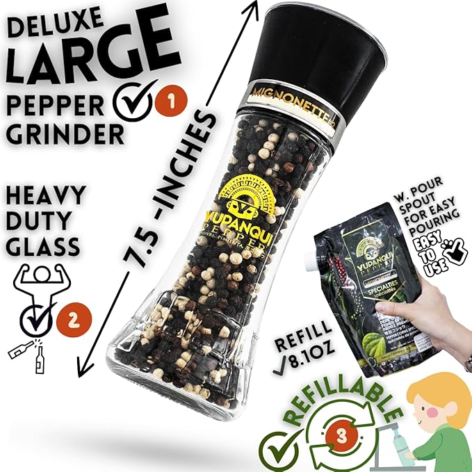 Yupanqui Peppercorn Medley Grinder MIGNONETTE, White Pepper & Black Pepper Mixed Peppercorns whole organic peppercorns mix in Refillable Peppercorn Grinder 3.5oz