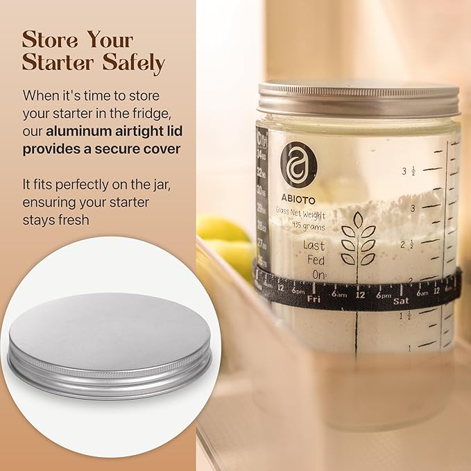 Sourdough Jar Kit, Includes 34 oz Sourdough Starter Jar with Metallic Lid, Silicone Spatula, Feeding Tracker, Extra Thermometer Strips & Breathable Covers ??Sourdough Bread Starter Kit