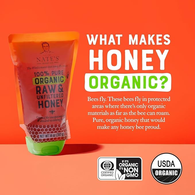 Nature Nate's 100% Pure USDA Organic Raw & Unfiltered Honey, Two 14 oz. No-Drip Sustainable Squeeze Pouches; Purity Guarantee, No Additives