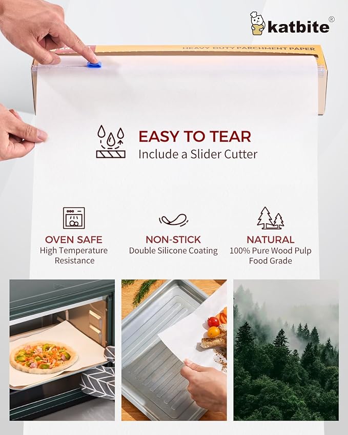Katbite Parchment Paper Roll for Baking, 2 Pack of 15 in x 210 ft, Heavy Duty Cooking Paper for Baking Bread, Cookies, Non-stick for Oven, Air Fryer, Steamer, Heat Press with 2Pcs of Slide Cutter