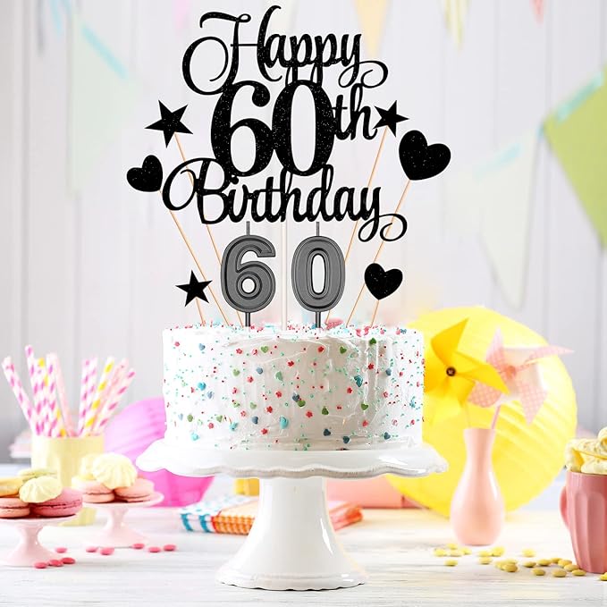 60th Birthday Cake Decorations Set Include 60th Birthday Candles Numeral 60 Cake Candles and Happy 60th Birthday Cake Toppers with Heart Star Cupcake Picks for Birthday Party (Black Series)