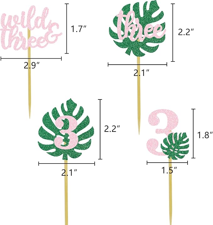 Safari Wild Three Cupcake Topper 3rd Birthday Party Decoration For Girl Jungle Glitter Tropical Leaf Food Picks Pink 3