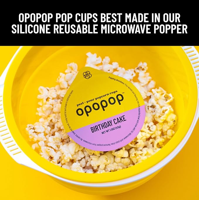 Opopop Microwave Popcorn - Pop Cups Birthday Cake 6-Pack, Non-GMO Gourmet Popcorn Kernels & Popcorn Flavoring, Gluten Free Snacks, Easy to Make and No Mess