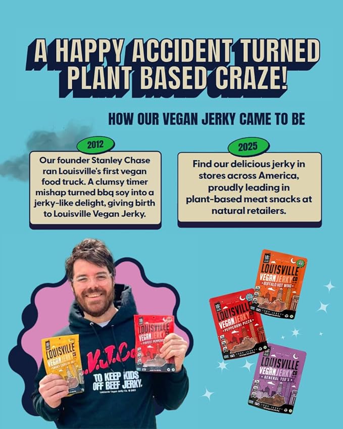 Louisville Vegan Jerky, Variety Pack ??3 Pack Includes Smoky Carolina BBQ, Smoked Black Pepper, General Tso - Non-GMO Soy Protein ??Gluten-Free Ingredients, High Protein Vegan and Vegetarian Meat Jerky Snacks (3 oz, 3-Pack)