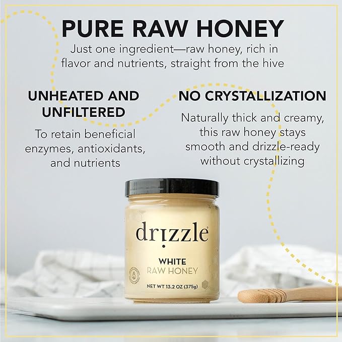Drizzle White Raw Honey - All Natural Pure Raw Honey, Unfiltered & Unheated, Use in Tea & Coffee, Sugar Substitute, Certified Kosher - 13.2 oz Jar (375 g)