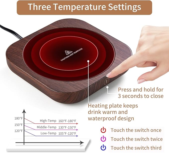 Coffee Mug Warmer with Auto Shut Off, 3 Temperature Settings, Brown Wood Grain Design, Electric Beverage Heater with Borosilicate Glass Panel, 54-Inch Cord, Fits Mugs, Teapots, and Cups