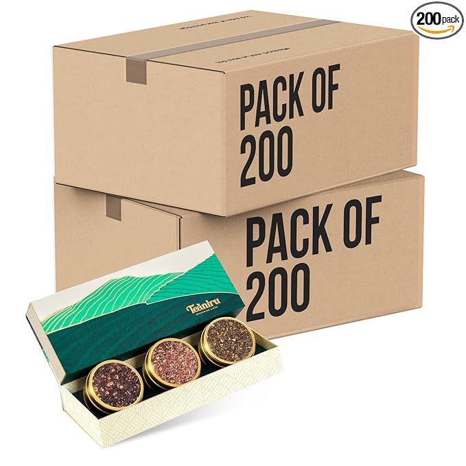 Teaniru, Novelty Tea Collection – Pack of 200 | Loose Leaf Tea Sampler Gift | 3 Flavored Tea - Black, Herbal & Green Tea | Loose Leaf Tea Gift Set for Corporate Gifting
