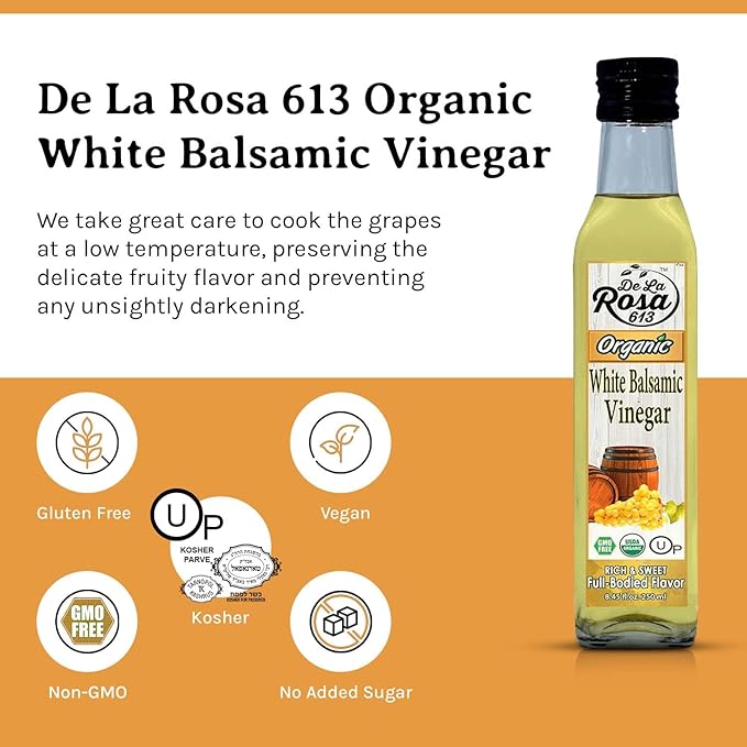 De La Rosa Organic White Balsamic Vinegar, Aged in Spanish Wood Barrels, Kosher for Passover, Vegan & Gluten-Free, Great for Salad Dressing, Marinades, Organic Balsamic Vinegar 8.45 Oz (Pack of 2)