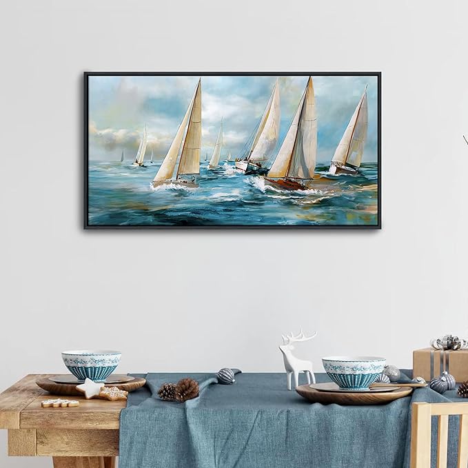 YDYSUNE Sailboat Wall Art - Blue Canvas Abstract Painting Textured Picture Artwork Vintage Nautical Large Painting Coastal Modern Print Frame for Living Room Bedroom Home 20x40inch