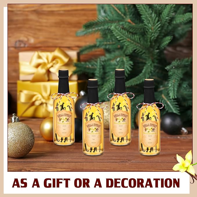 Tioncy 16 Pcs Vanilla Extract Bottles for Homemade Vanilla Jar Glass Bottle with Cap, Shrink Band, Sticker Syrup Gift Food Storage Canister for Bean Sauce Spice(Black,8.5 oz)
