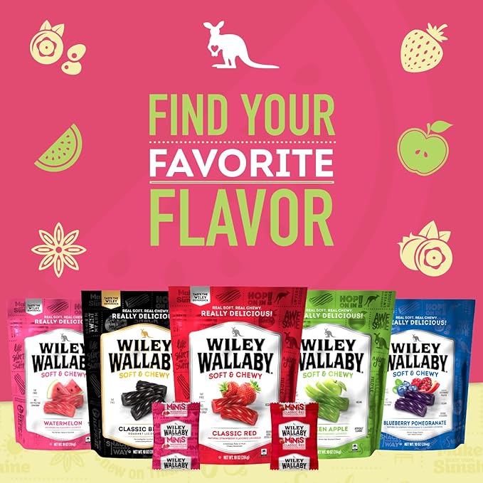 Wiley Wallaby Mini Licorice Bites 0.5 Ounce Classic Gourmet Soft & Chewy Australian Watermelon Licorice Candy Bags, 40 Pack