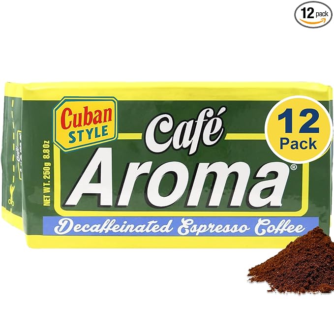 Café Aroma Decaf Dark Roast Espresso Ground Coffee, Authentic Cuban Style Coffee, Vacuum Sealed, 8.8oz, Perfect for Hot and Iced Coffee, 12-Pack