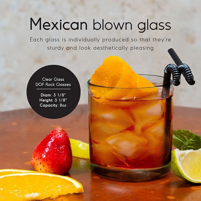 Clear Blown 8 oz DOF Rocks Glasses (set of 6) Mexican Handmade Glassware, Recycled Glass, Lead-free, Toxin-Free (DOF Rocks)
