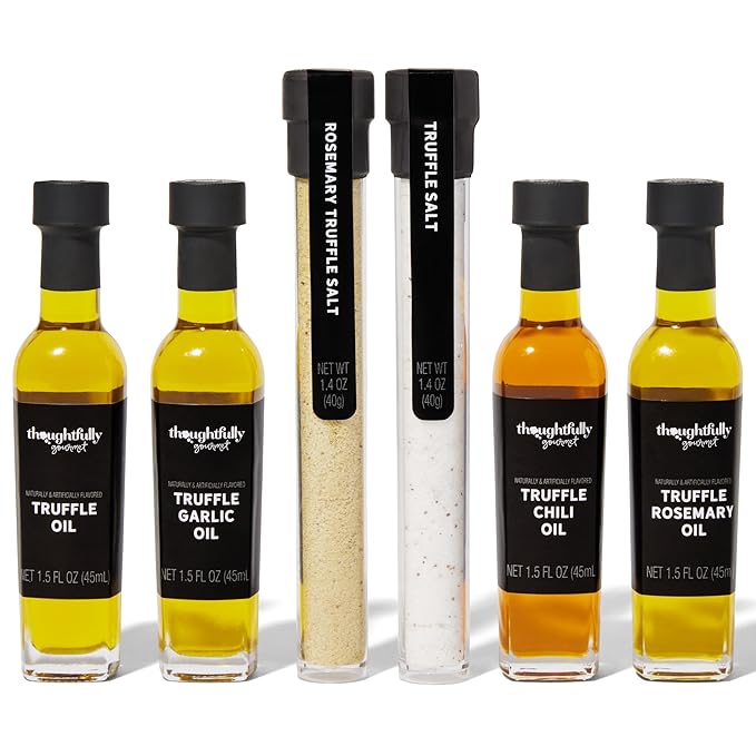 Thoughtfully Gourmet, Truffle Salt & Olive Oil Gift Set, Includes 4 Premium Extra Virgin Olive Oil, 2 Truffle Salts with Real Truffles, Set of 6