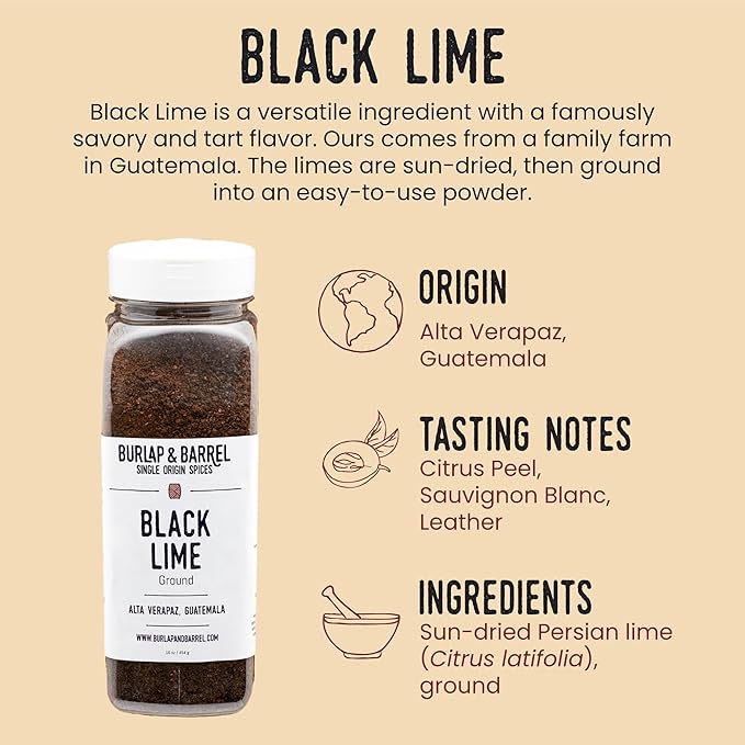 Burlap & Barrel Ground Black Lime - Tart & Savory for Roasted Meats, Veggies, Stews, Kebabs Alternative to Makrut Leaf - As seen on Shark Tank - 16oz Plastic Container