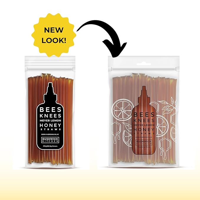 Bees Knees Meyer Lemon Honey Sticks, 50 Sticks, 1tsp Each, Wildflower Honey Straws Infused with a Bright Citrus Squeeze, Foodie Gifts, Tea Gifts