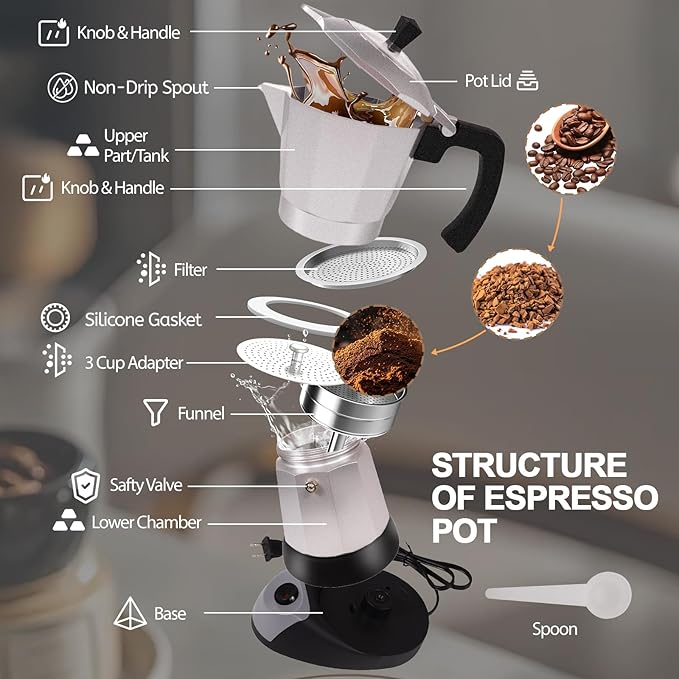 Aluminum Electric Moka Pot 5-6 Cup 270ml Express Coffee Maker Stovetop Espresso Portable Coffeemaker Italian Classic Brewing Greca Cafe Mocha with Removable Base and Overheating Protection Machine