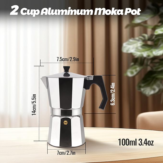 2 Cup Aluminum Moka Pot Classic Stovetop Espresso Coffee Maker 100ml 3.4oz Coffeemaker Percolator Mocha Pot Greca Coffee Maker Cafe Makers for Italian and Cuban Cafì±?Brewing Silver