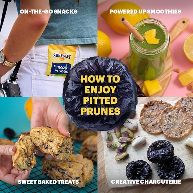 Sunsweet Amazin' Pitted Prunes - Dried Prunes Pitted Unsweetened - Gluten Free, Vegan, Low Fat - Fiber & Minerals - 8 oz Pouches x 6 Pack