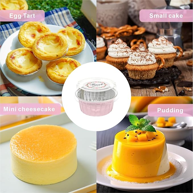 100 Pack Aluminum Foil Cuapcake Baking Cups w Lids Spoons and Stickers for Witch Pink Birthday Party, 5oz Mini Cake Pans Disposable Ramekins Muffin Cups Holder Cheesecake Containers for Wedding