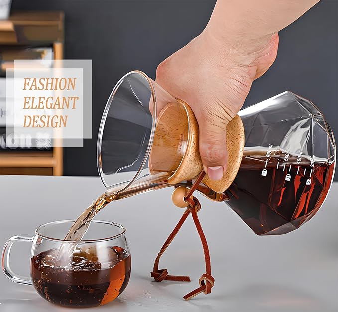 Pour Over Coffee Maker with Reusable Stainless Steel Drip Filter, Lead-Free Borosilicate Glass Coffee Carafe with Modern Wooden Collar for 1-4Cup, Diamond Clear (600ml/20oz)