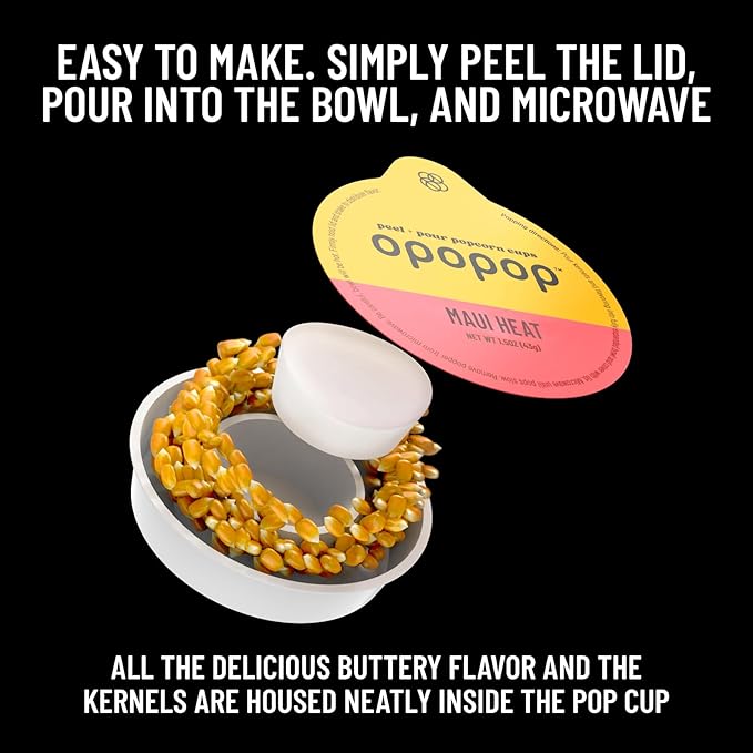 Opopop Microwave Popcorn - Pop Cups Maui Heat 6-Pack, Non-GMO Gourmet Popcorn Kernels & Popcorn Flavoring, Gluten Free Snacks, Easy to Make and No Mess