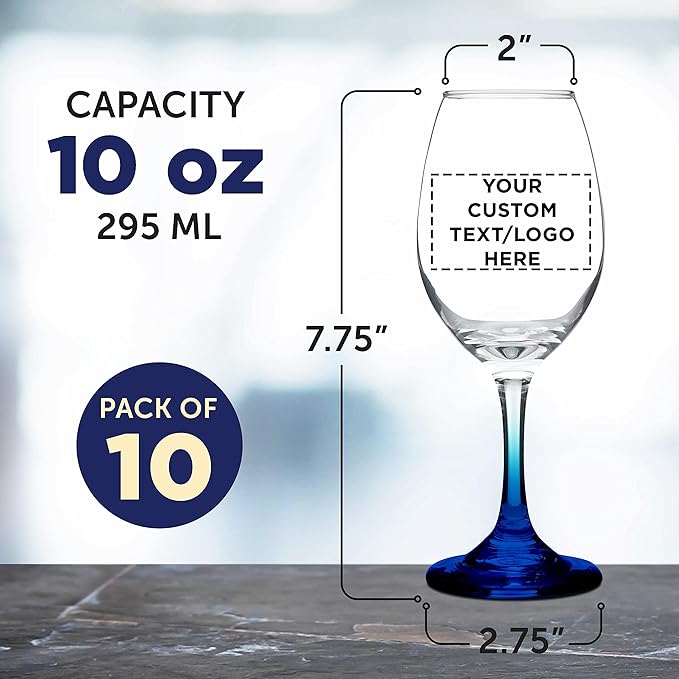 Custom Rioja Wine Glasses with Stem 10 oz. Set of 10, Personalized Bulk Pack - Color Bottom, Perfect for Wedding, Party Favors, Birthday, Bridal Shower Gifts - Blue