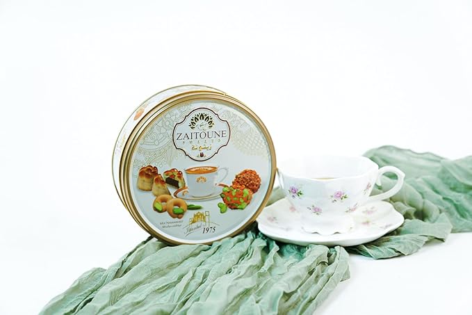 Zaitoune Premium Mini Mixed Cookies - 9 oz | Bite-Sized Date Maamoul, Barazek & Ghraybeh Cookie Mix | Handcrafted in Turkey | Beautiful Reusable Gift Tin | Perfect with Tea | Great Sharing Present