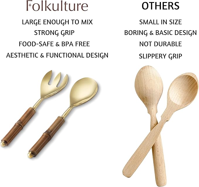 Folkulture Serving Utensils for Modern Serving and Cooking, Stainless Steel Salad Servers or Salad Tongs, 12 Inch Salad Tosser, Serving Spoon and Fork Set with Bamboo Handle, Gold