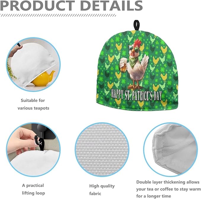 St. Patrick's Tea Cozy Decorative Insulated Tea Cosy with Top Handle Stain Resistant Durability Rooster Chick Clover Teapot Cover Resuable Teapot Lids for Housewife, Friend, Mom, Family