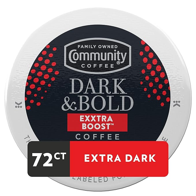 Community Coffee Dark & Bold Exxtra Boost 72 Count Coffee Pods, Compatible with Keurig 2.0 K-Cup Brewers, 12 Count (Pack of 6)
