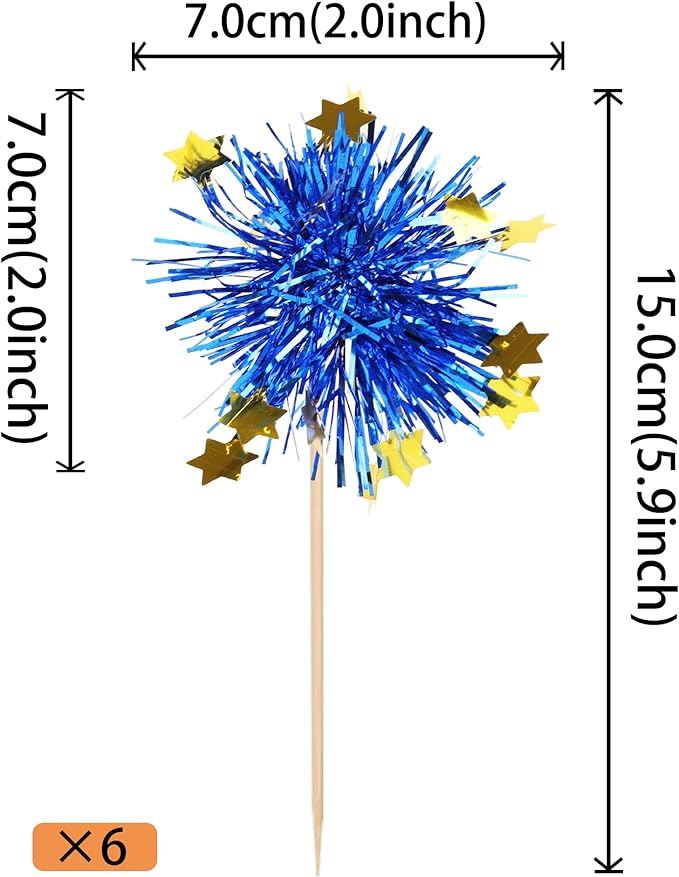 Rsstarxi 30 Pack Foil Firework Cupcake Toppers Sparkle Tinsel Drink Cake Decorations Cocktail Food Toothpicks for Happy Valentine's Day Birthday Wedding Graduation Party Decorations Blue