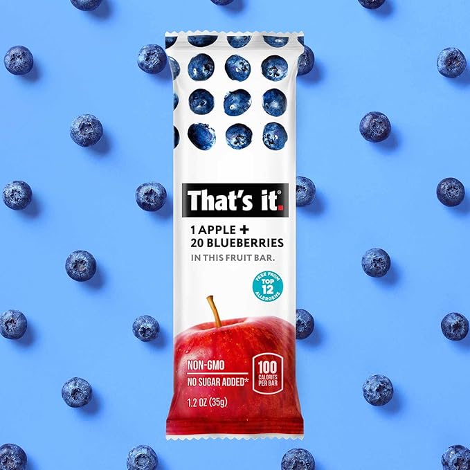 That's it. Apple + Blueberry 100% Natural Real Fruit Bar, Best High Fiber Vegan, Gluten Free Healthy Snack, Paleo for Children & Adults, Non GMO No Sugar Added, No Preservatives Energy Food (12 Pack)
