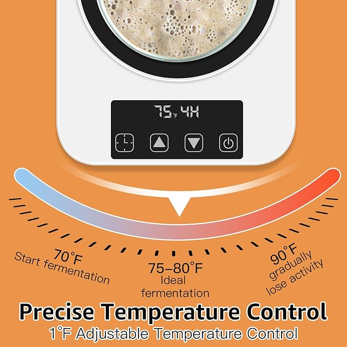 Sourdough Starter Warmer with Memory Function– 1°F Precision Temperature Control (70–100°F), Auto On/Off, 12-Hour Timer, Fits sourdough starter Jars Up to 40oz for Home Baking and Fermentation.