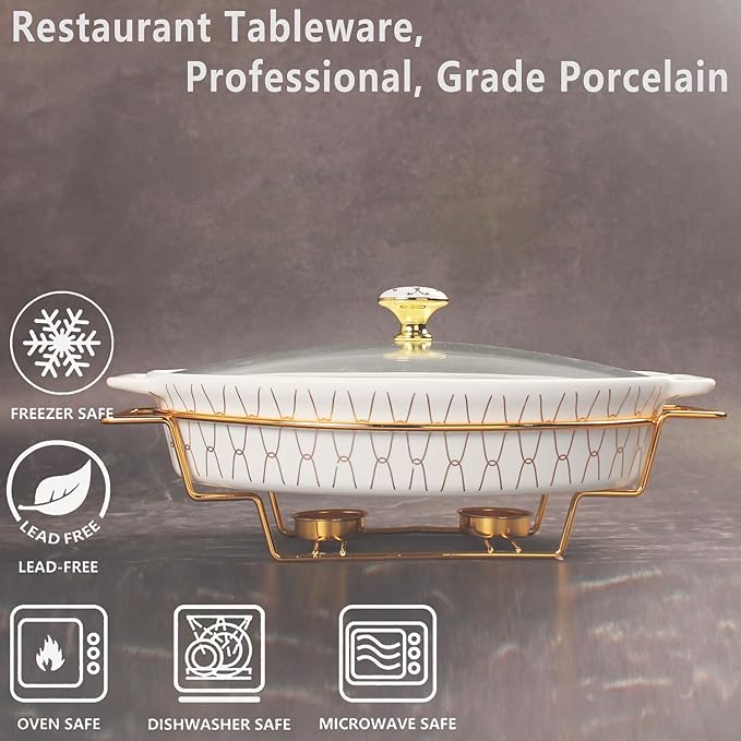 10" x 7" Ceramic Oval Casserole Dish with Glass Lid and Gold rack, 30 ounce Serving Soup Tureen,Chafing Dish for Buffet, Family Food preserve Tray, Catering Casserole for Party Style