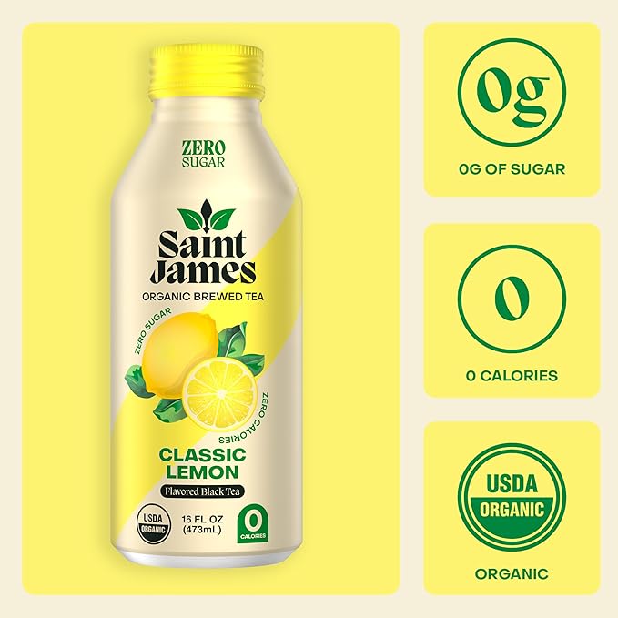 Saint James Iced Tea - Organic Black Tea - Non-GMO, Gluten Free, Zero Calorie, Zero Sugar - Classic Lemon, 12 Pack (16 fl oz each)
