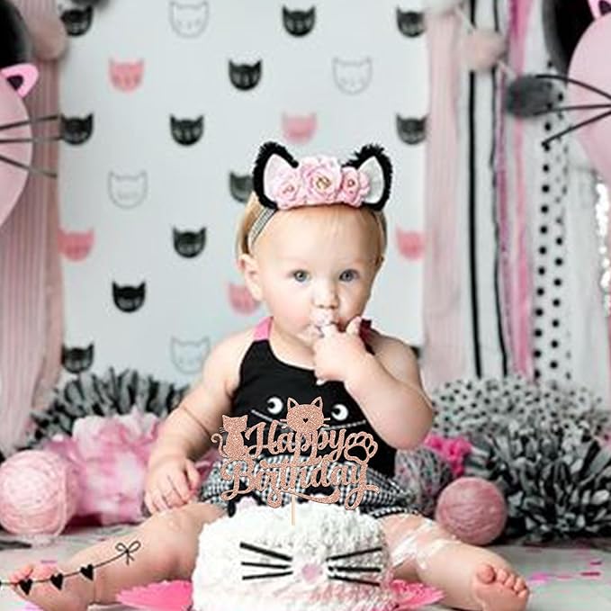 1 Pack Cat Happy Birthday Cake Topper Glitter Black Lovely Cat Cupcake Food Picks Cat Lover Kitten Pet Theme Baby Shower Kids Birthday Wedding Party Cake Decoration Supplies Rose Gold
