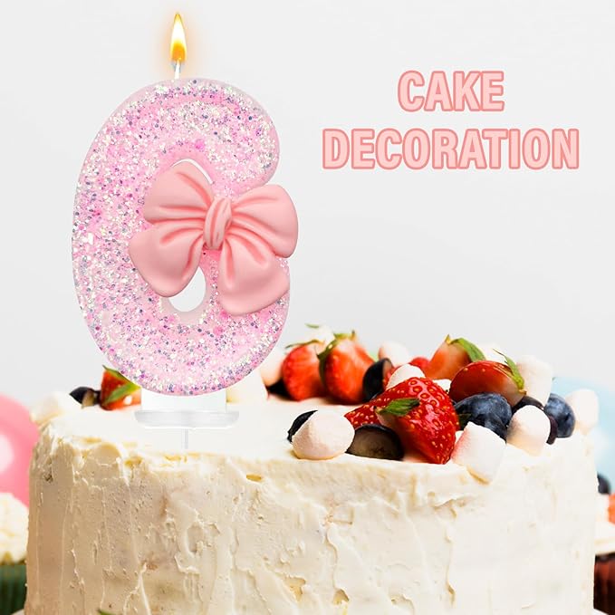 Birthday Cake Candles, Pink Glitter with Bow Cake Candles, Birthday Party Cake Toppers, Cute Birthday Candle Decorations (6)